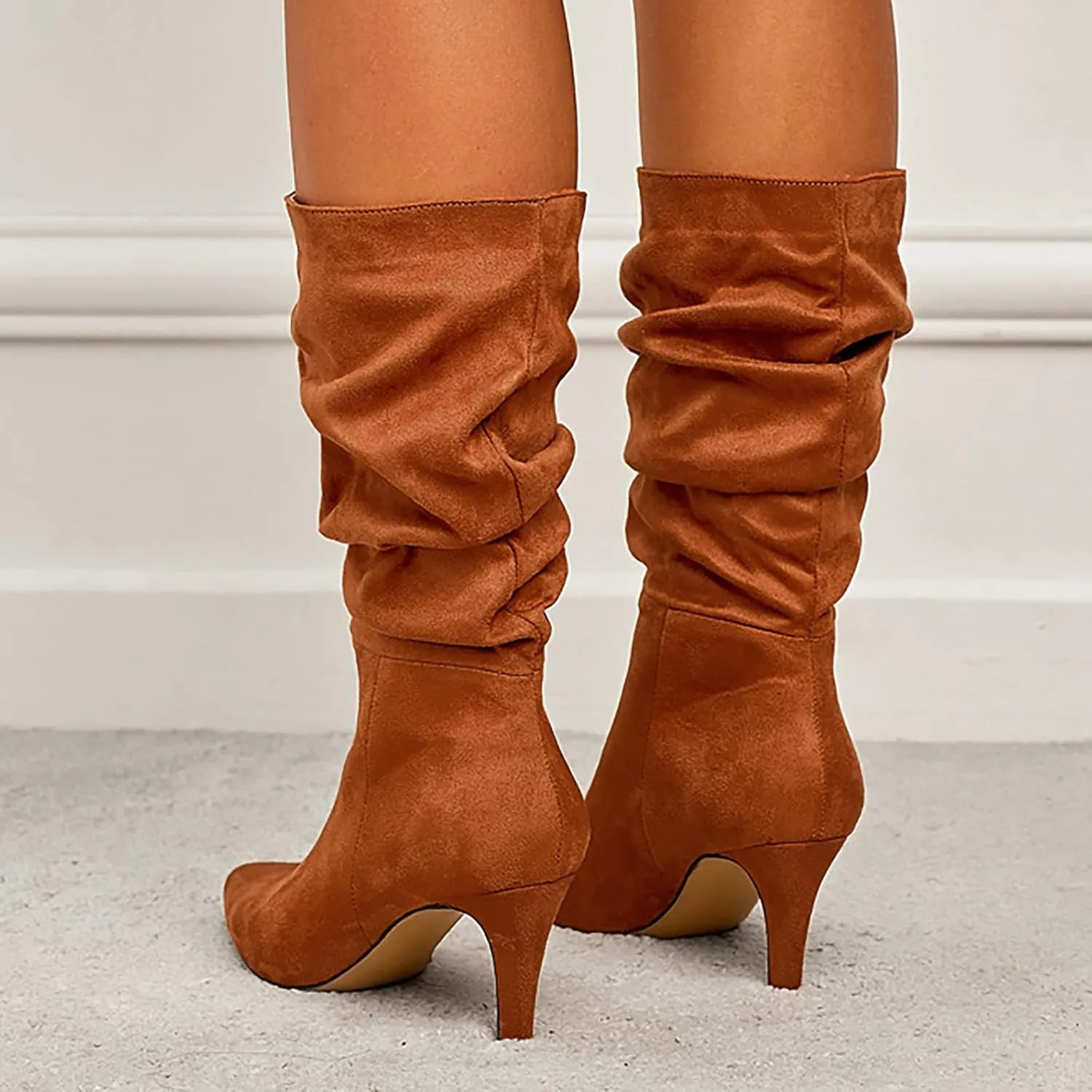 2023 Fall High Heeled Suede Mid Heeled Sexy Pointed Toe Fashion Boots Women's Shoes Women's Tall Boots Wide Calf Cowboy