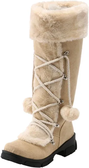 AMDBEL Boots for Women Fashion Dressy, Knee High Boots Women Warm Snow Boots Round Toe Zipper Shoes Heels Hairball Boots