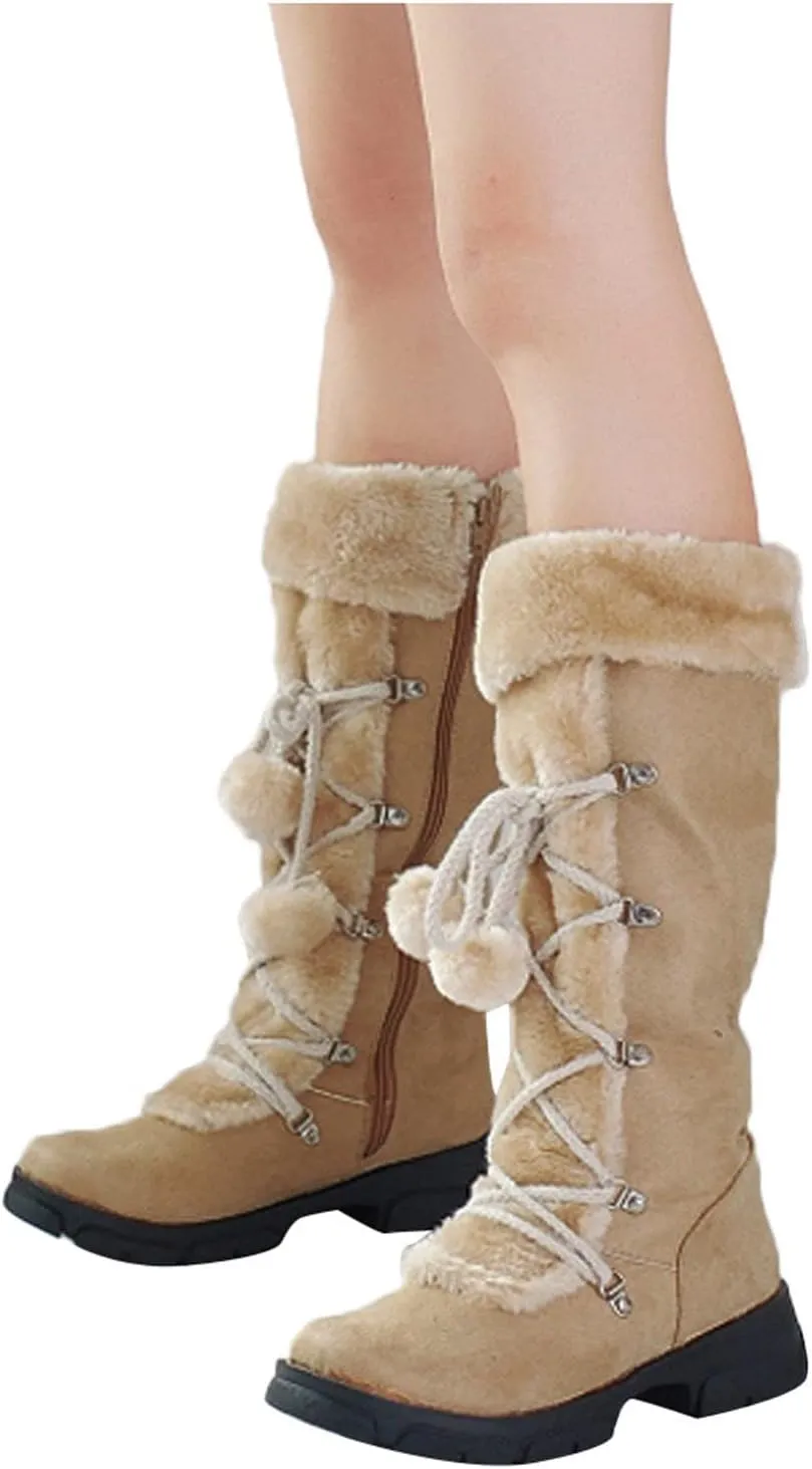 AMDBEL Boots for Women Fashion Dressy, Knee High Boots Women Warm Snow Boots Round Toe Zipper Shoes Heels Hairball Boots