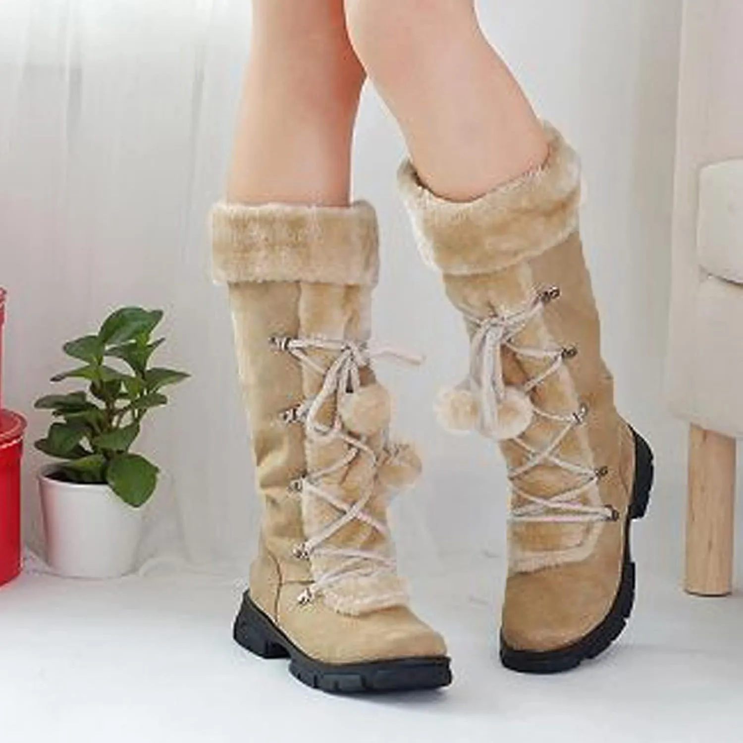 AMDBEL Boots for Women Fashion Dressy, Knee High Boots Women Warm Snow Boots Round Toe Zipper Shoes Heels Hairball Boots
