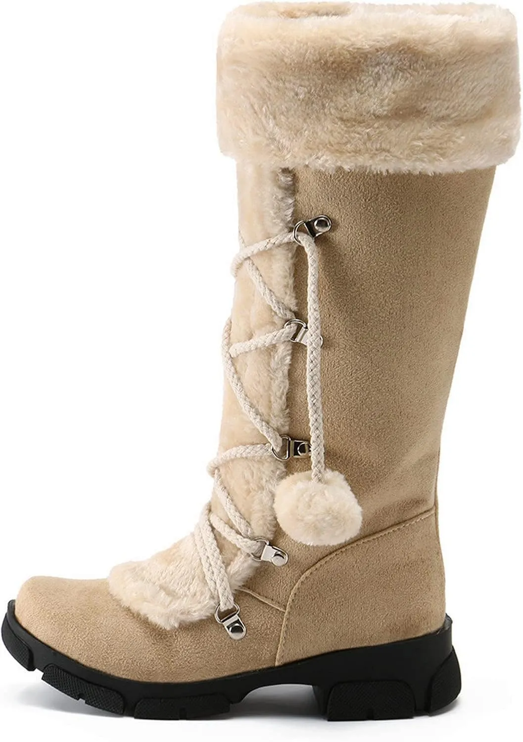 AMDBEL Boots for Women Fashion Dressy, Knee High Boots Women Warm Snow Boots Round Toe Zipper Shoes Heels Hairball Boots