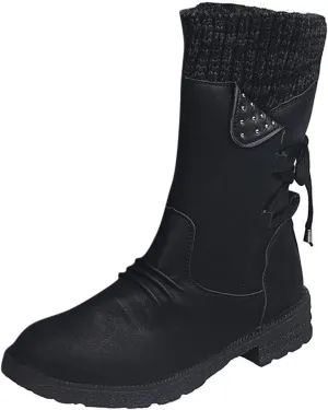 AMDBEL Boots for Women Fashion Dressy, Snow Boots for Women Fur Lined Round Toe Boots Square Heel Outdoor Mid Calf Boots