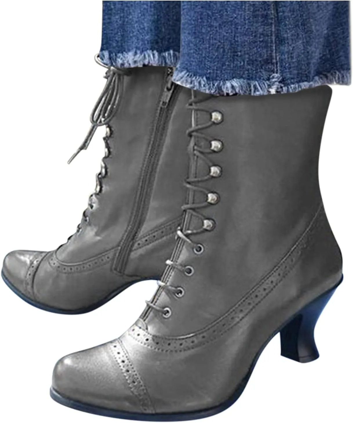 AMDBEL Cowboy Boots for Women, Snow Boots For Women Round Toe Zipper Flat Mid Boots Winter Warm Buckle Strap Snow Boots