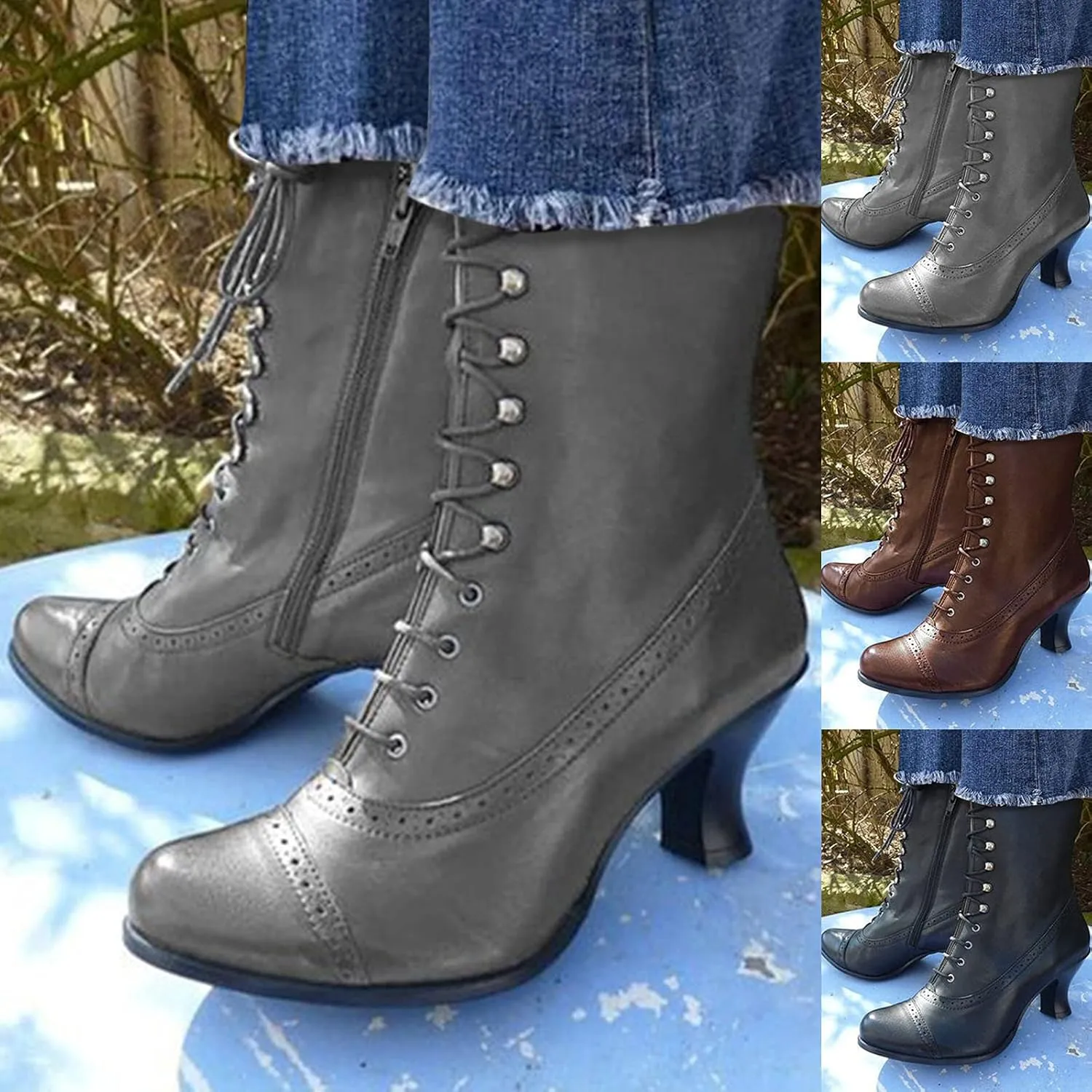 AMDBEL Cowboy Boots for Women, Snow Boots For Women Round Toe Zipper Flat Mid Boots Winter Warm Buckle Strap Snow Boots