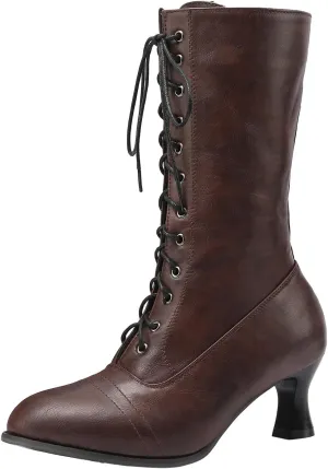 AMDBEL High Heel Boots for Women, Womens Boots Wide Calf Kitten Heel Victorian Mid-Calf Boots Lace Up Side Zipper Mid Heel Ankle Bootie Dance Shoes Vintage 70s Knight Boots Stylish Cosplay Witch Boots