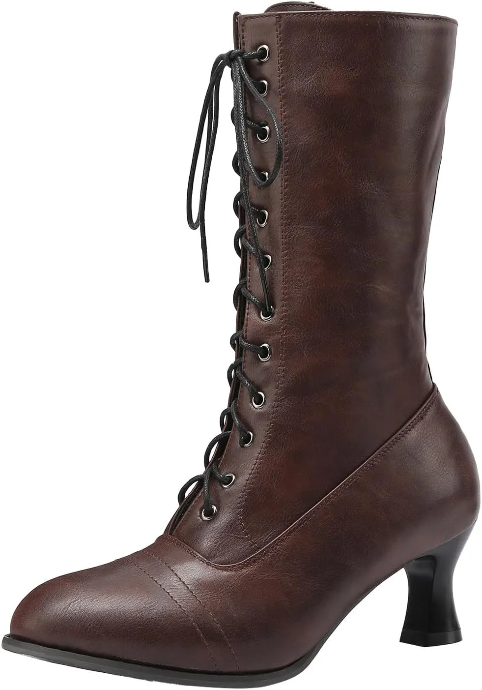 AMDBEL High Heel Boots for Women, Womens Boots Wide Calf Kitten Heel Victorian Mid-Calf Boots Lace Up Side Zipper Mid Heel Ankle Bootie Dance Shoes Vintage 70s Knight Boots Stylish Cosplay Witch Boots