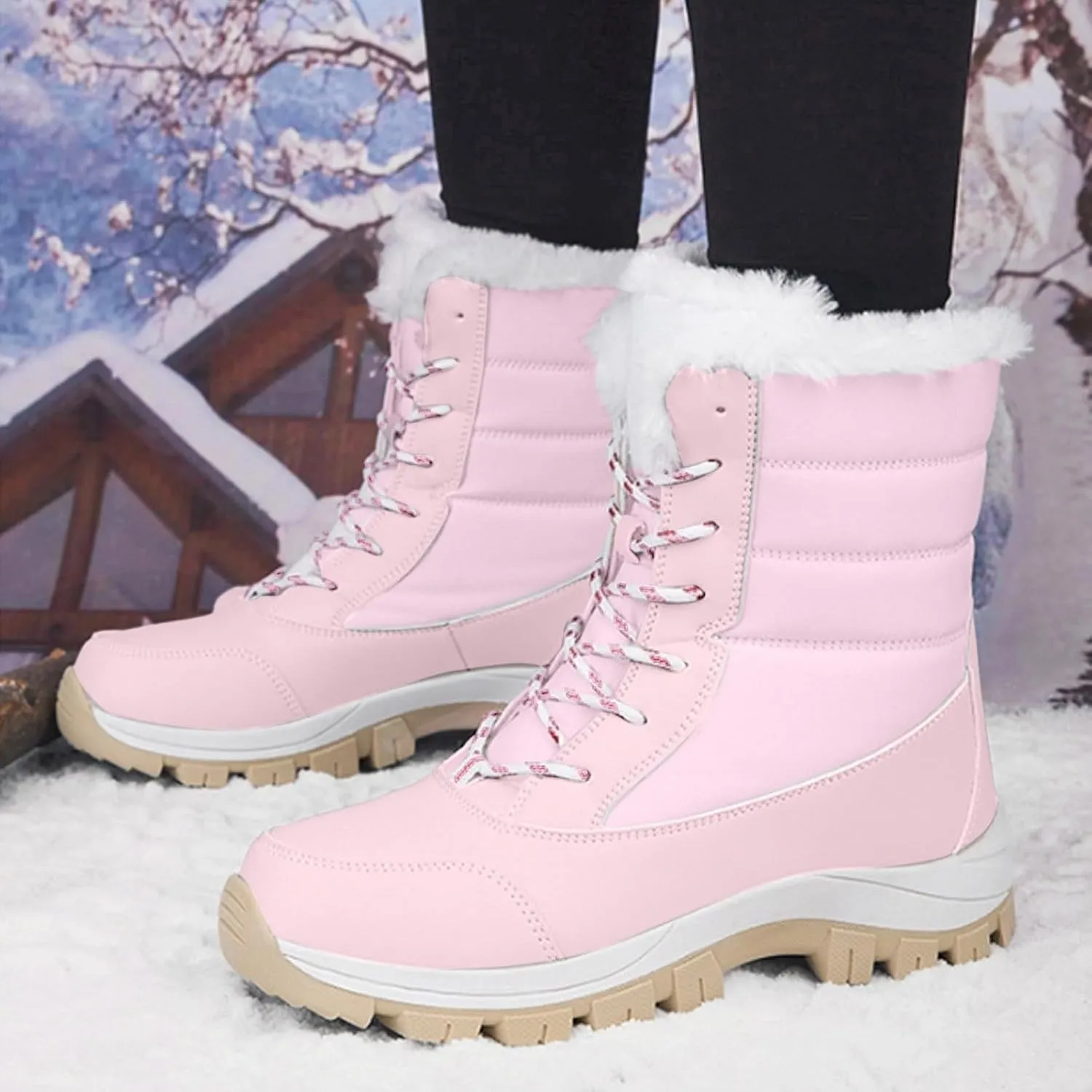 AMDBEL Snow Boots for Women Winter Waterproof Warm Fur Lined Mid Calf Booties Outdoor Anti-Slip Ankle Boots Walking Ski Shoes