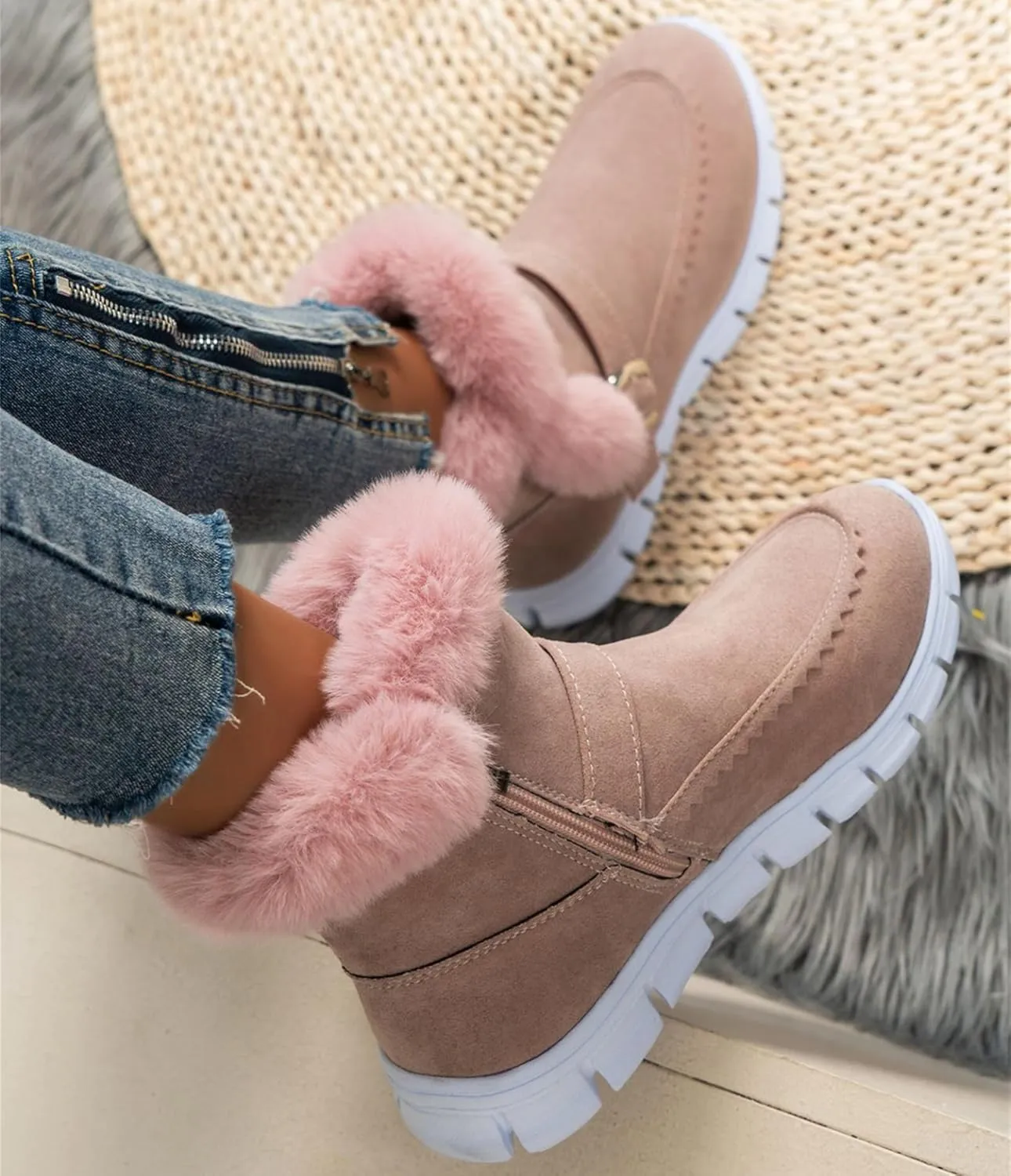Ankle Boots For Women Comfy Warm Fur Lined Winter Snow Boots Short Booties Fashion Comfortable Slip On Loafers Shoes