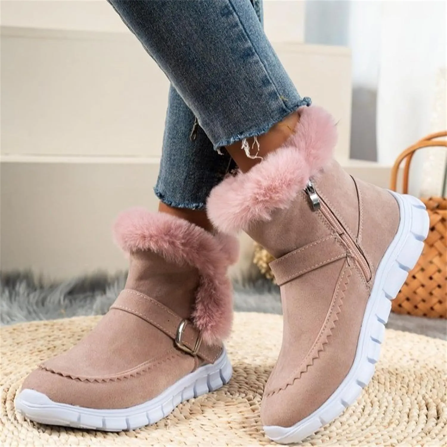 Ankle Boots For Women Comfy Warm Fur Lined Winter Snow Boots Short Booties Fashion Comfortable Slip On Loafers Shoes