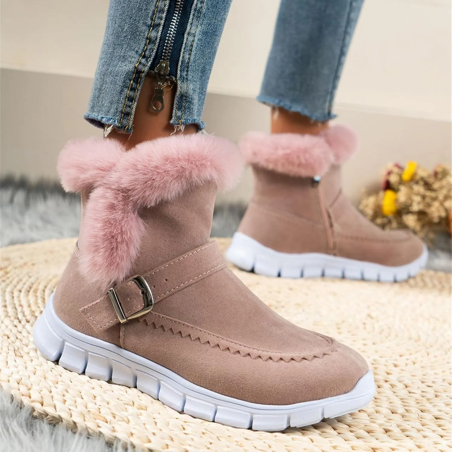Ankle Boots For Women Comfy Warm Fur Lined Winter Snow Boots Short Booties Fashion Comfortable Slip On Loafers Shoes