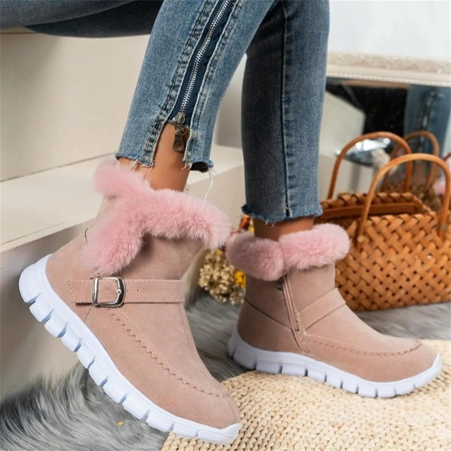 Ankle Boots For Women Comfy Warm Fur Lined Winter Snow Boots Short Booties Fashion Comfortable Slip On Loafers Shoes