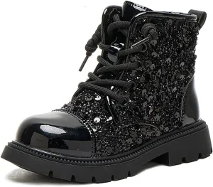 Boots for Girls, Girls Fashion Lace-Up Sequined Ankle Boots Children's Casual Boots Comfortable Lug Soft-Soled Boots