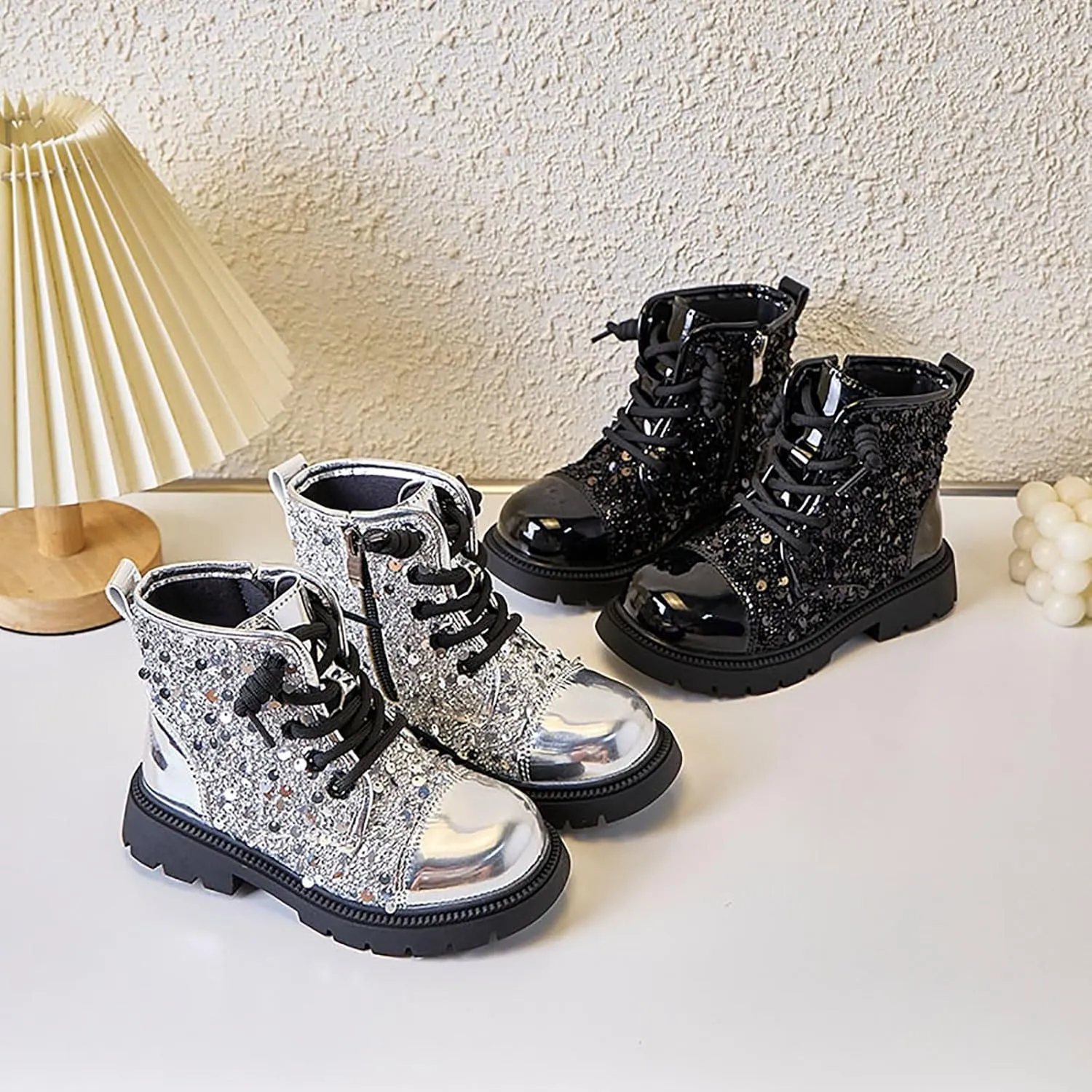 Boots for Girls, Girls Fashion Lace-Up Sequined Ankle Boots Children's Casual Boots Comfortable Lug Soft-Soled Boots