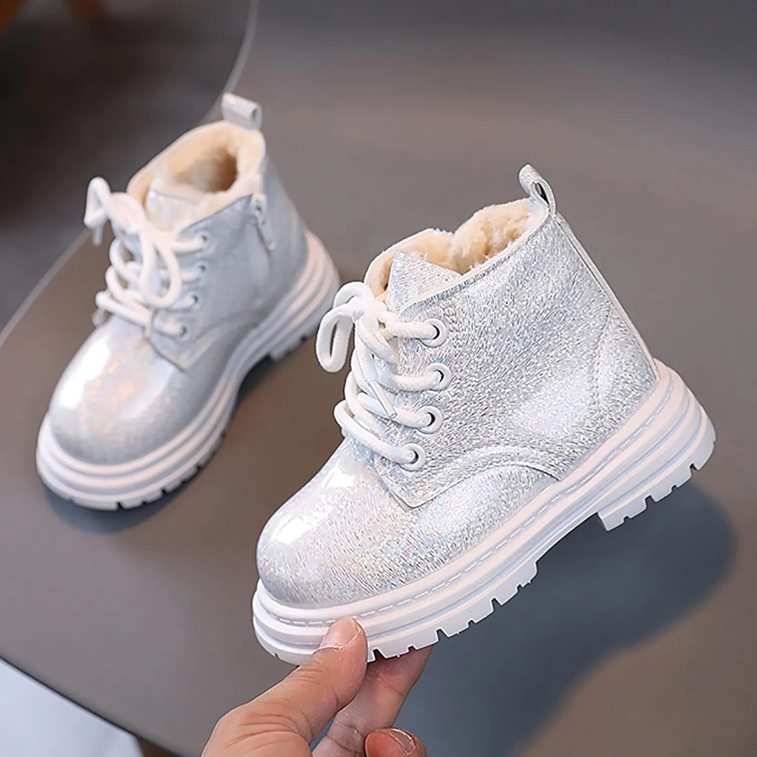 Boots for Girls Kids Girl Boots Bright Color Side Zipper Cute Ankle Kids Boots Snow Boots and Cashmere Warm Cotton Shoes