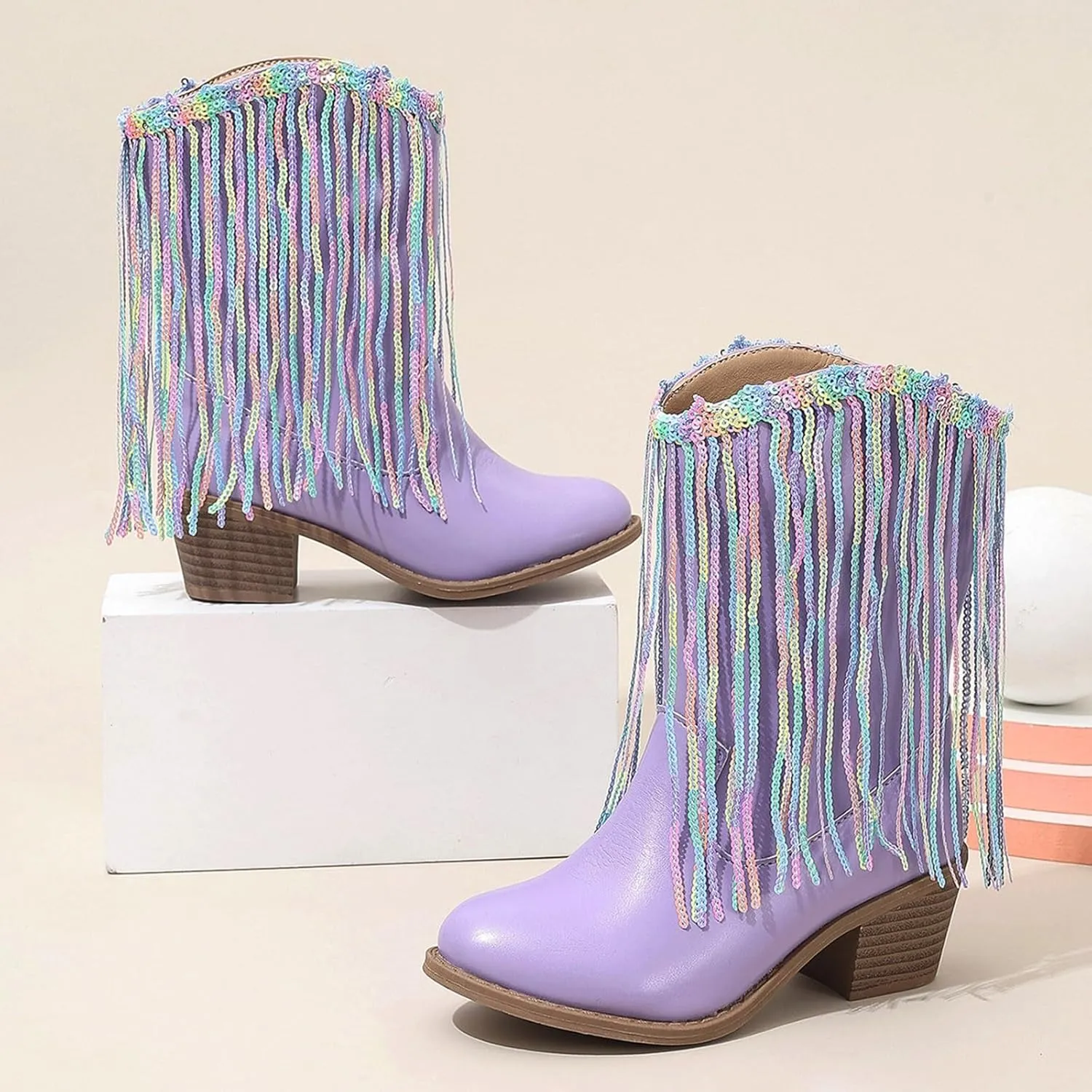 Boots for Girls Low Heels Princess Boots Tassel Sequin Mid Calf Riding Shoes Sequined Leather Chunky Heel Boots with Fringe