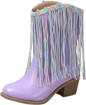 Boots for Girls Low Heels Princess Boots Tassel Sequin Mid Calf Riding Shoes Sequined Leather Chunky Heel Boots with Fringe