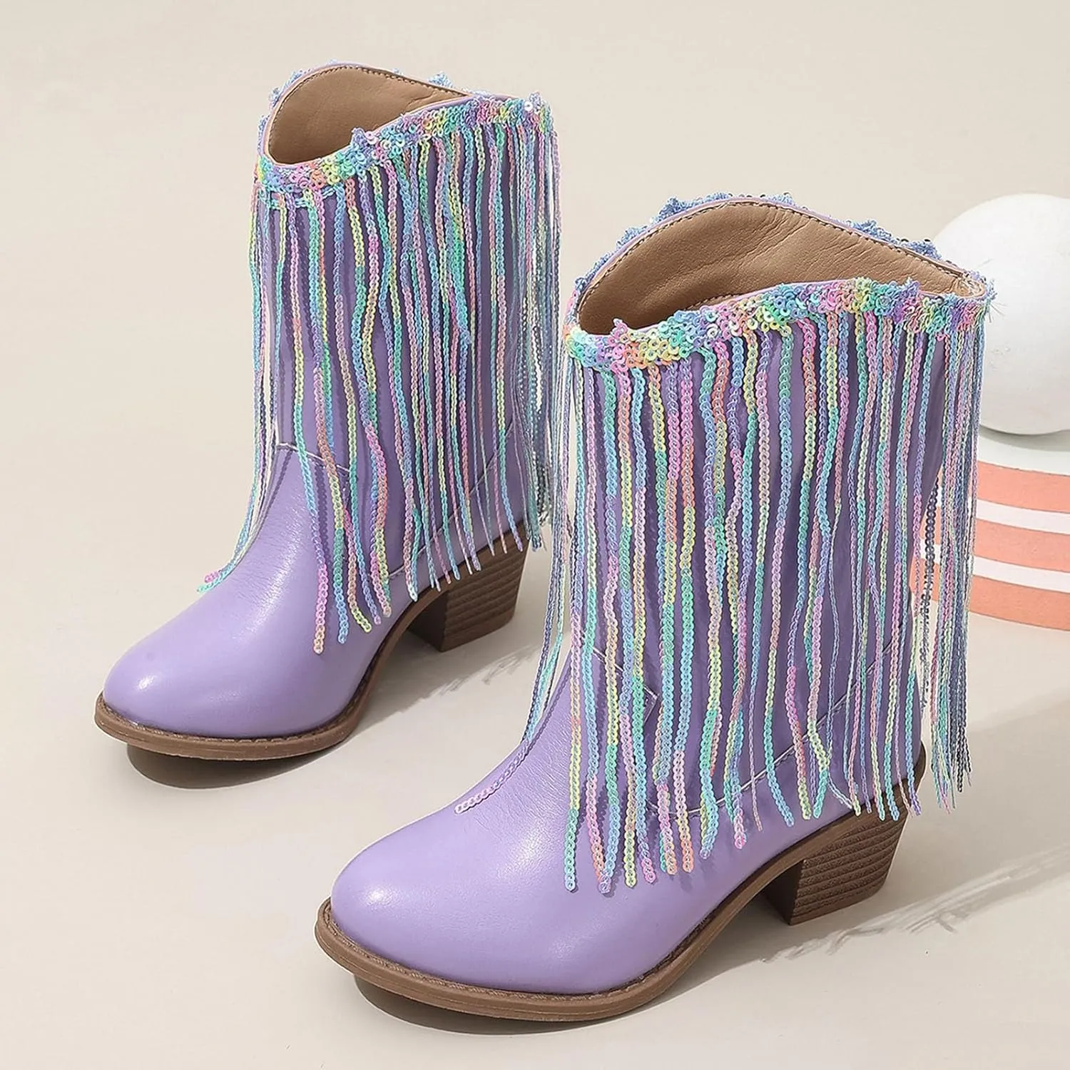 Boots for Girls Low Heels Princess Boots Tassel Sequin Mid Calf Riding Shoes Sequined Leather Chunky Heel Boots with Fringe