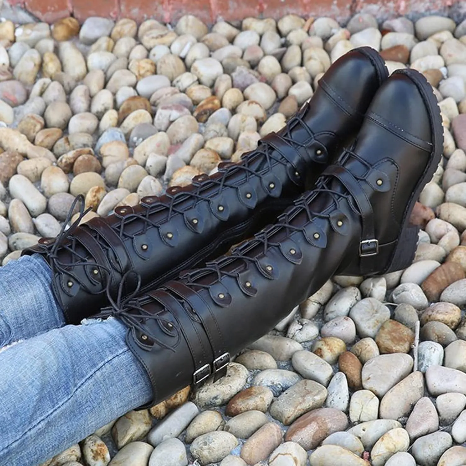 Combat Boots for Women Knee High Boots Military Boots Fashionable Round Toe Chunky Heel Rubber Zip up Outdoor Boots
