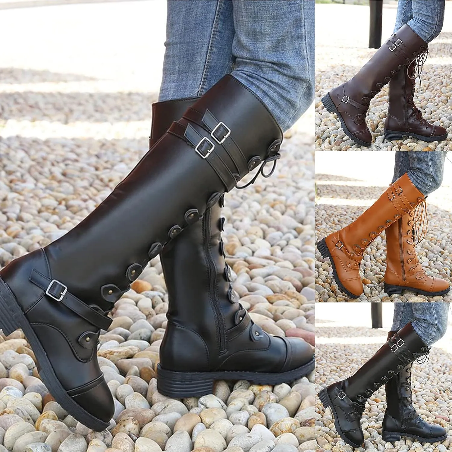 Combat Boots for Women Knee High Boots Military Boots Fashionable Round Toe Chunky Heel Rubber Zip up Outdoor Boots