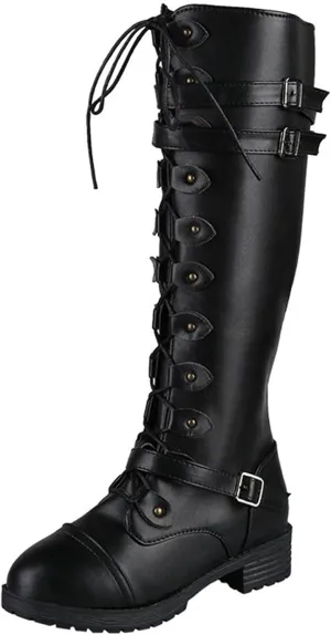 Combat Boots for Women Knee High Boots Military Boots Fashionable Round Toe Chunky Heel Rubber Zip up Outdoor Boots
