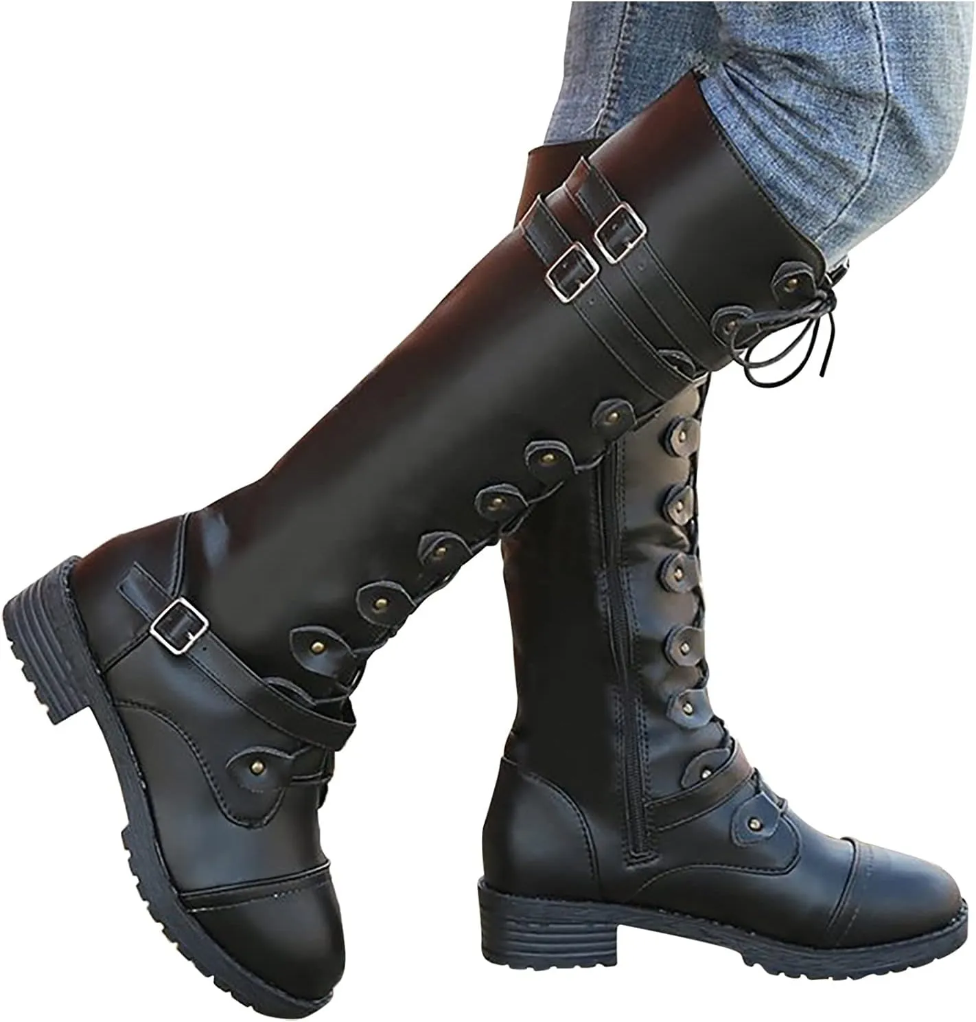 Combat Boots for Women Knee High Boots Military Boots Fashionable Round Toe Chunky Heel Rubber Zip up Outdoor Boots