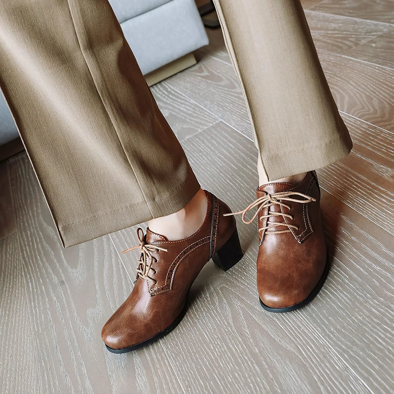 CYNLLIO Women's Block Chunky Heel Oxfords Shoes Vintage Lace-up Brogues Shoes Office Shoes Party Dress Shoes