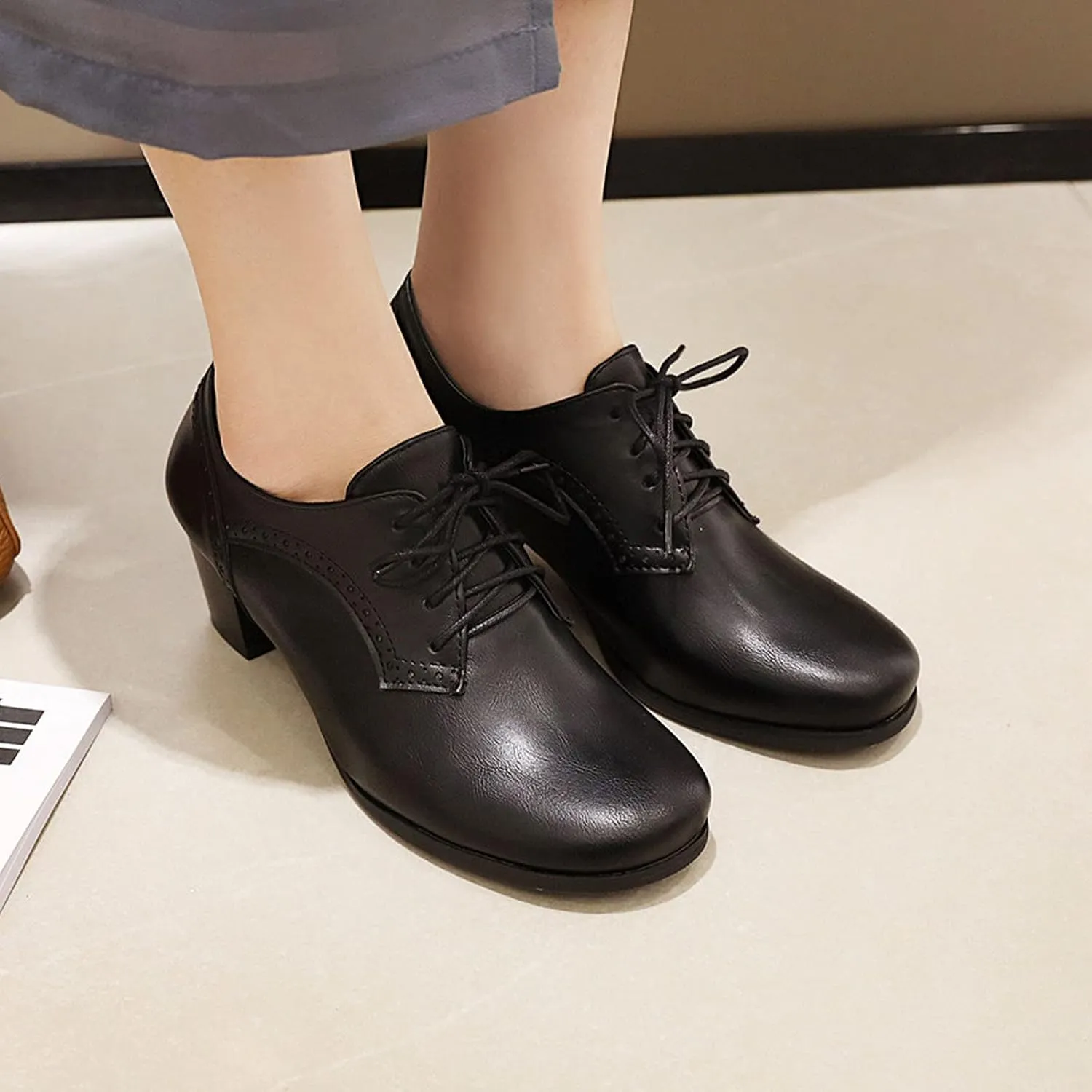 CYNLLIO Women's Block Chunky Heel Oxfords Shoes Vintage Lace-up Brogues Shoes Office Shoes Party Dress Shoes