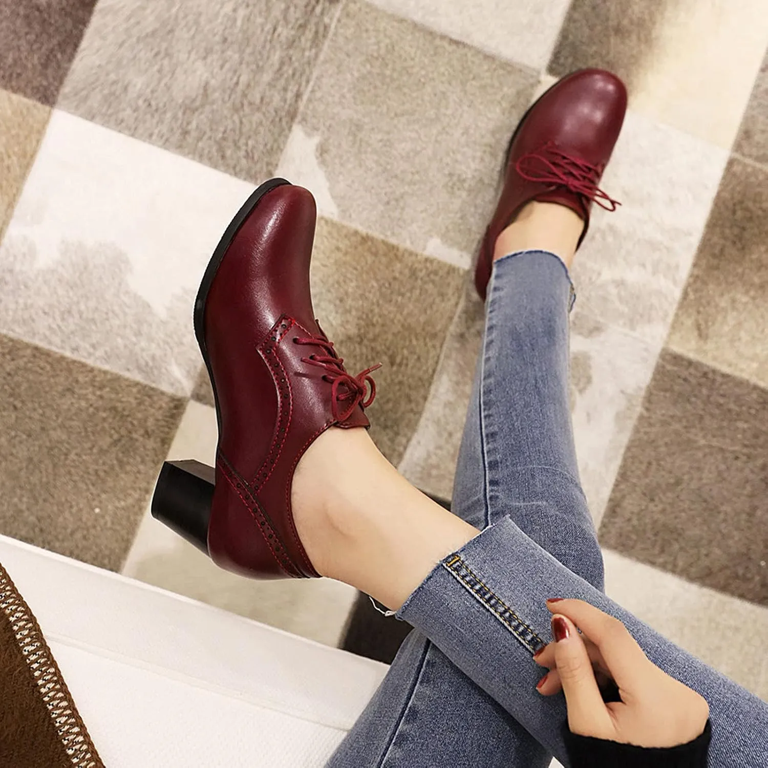 CYNLLIO Women's Block Chunky Heel Oxfords Shoes Vintage Lace-up Brogues Shoes Office Shoes Party Dress Shoes