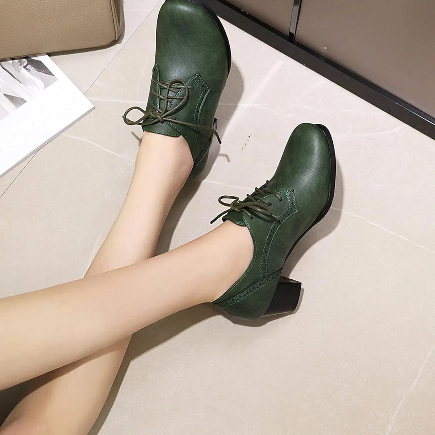 CYNLLIO Women's Block Chunky Heel Oxfords Shoes Vintage Lace-up Brogues Shoes Office Shoes Party Dress Shoes