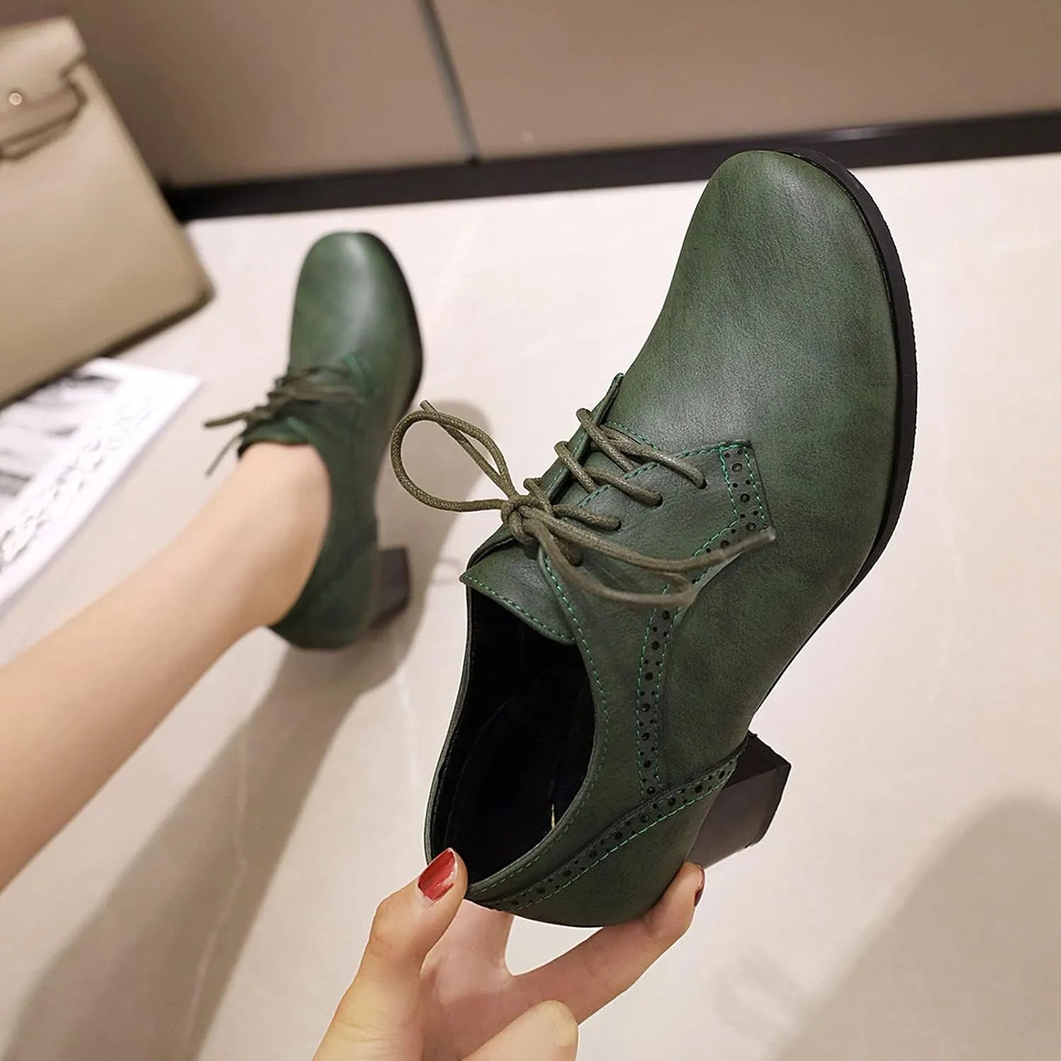 CYNLLIO Women's Block Chunky Heel Oxfords Shoes Vintage Lace-up Brogues Shoes Office Shoes Party Dress Shoes