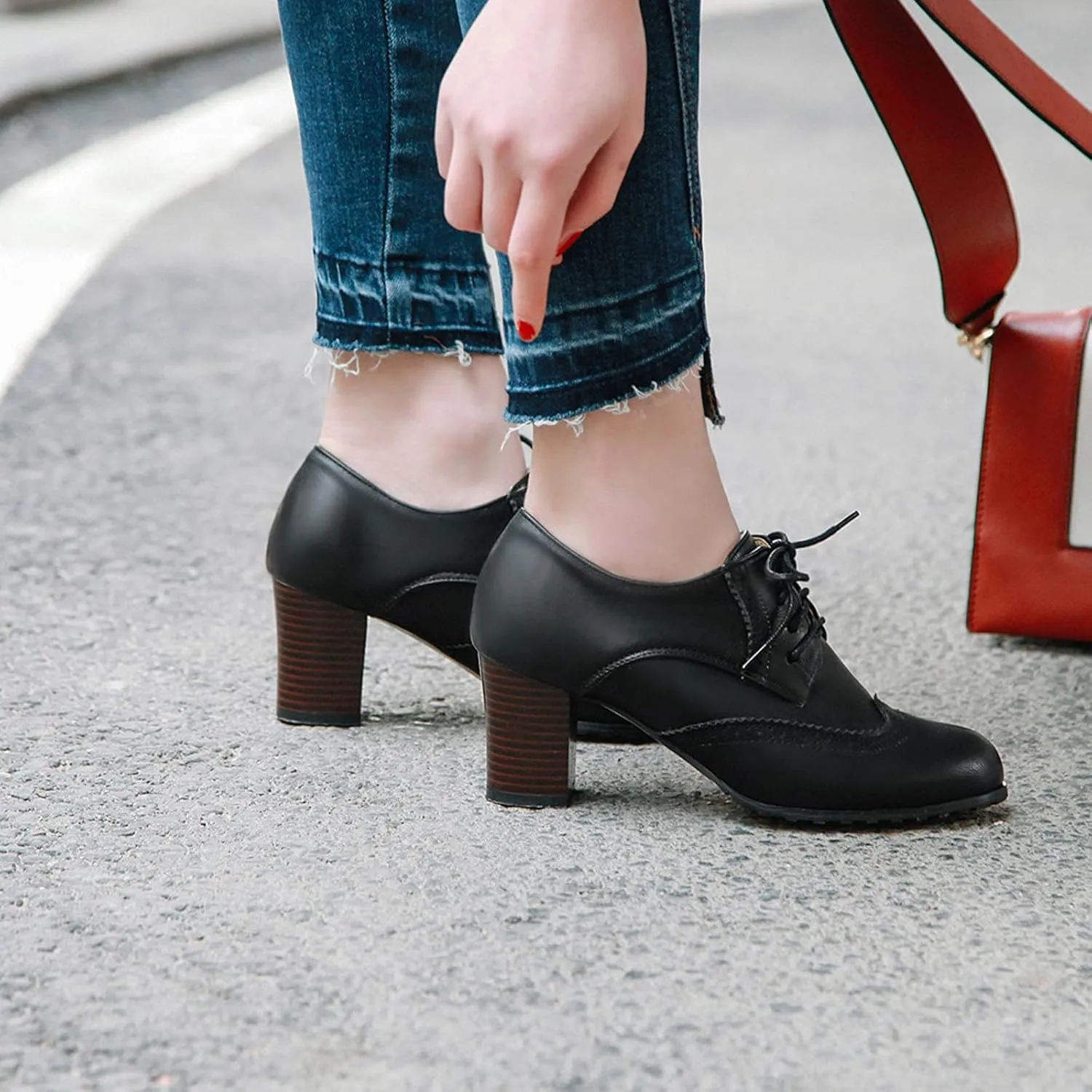 CYNLLIO Women's Block Chunky Heel Oxfords Shoes Vintage Lace-up Brogues Shoes Office Shoes Party Dress Shoes
