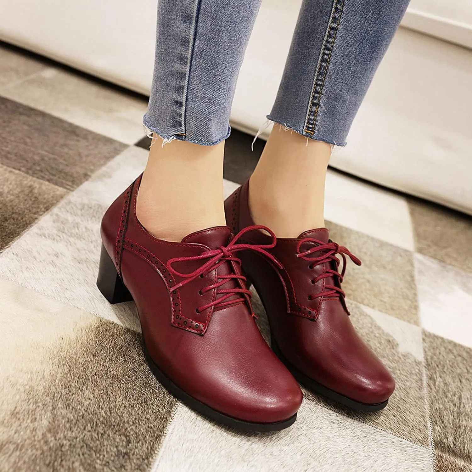 CYNLLIO Women's Block Chunky Heel Oxfords Shoes Vintage Lace-up Brogues Shoes Office Shoes Party Dress Shoes