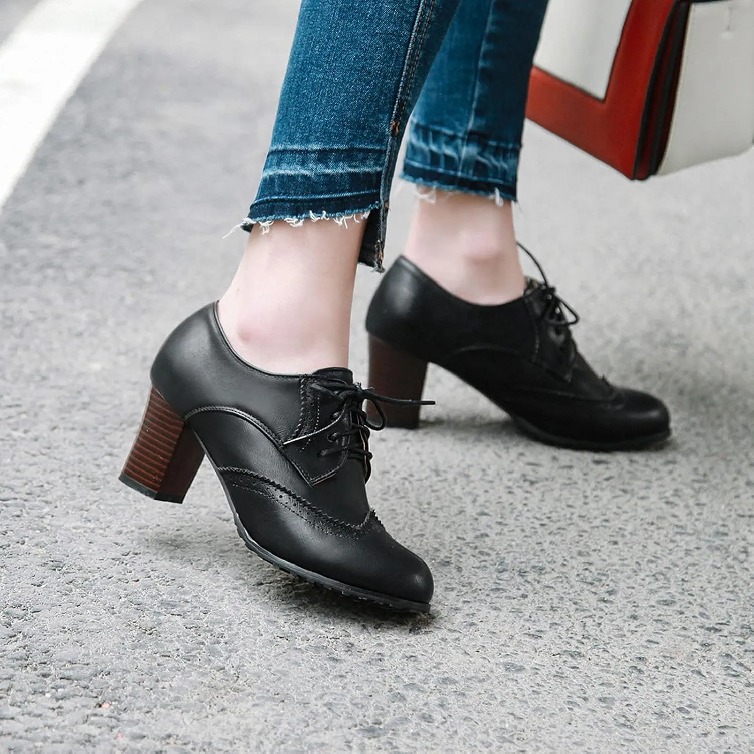 CYNLLIO Women's Block Chunky Heel Oxfords Shoes Vintage Lace-up Brogues Shoes Office Shoes Party Dress Shoes