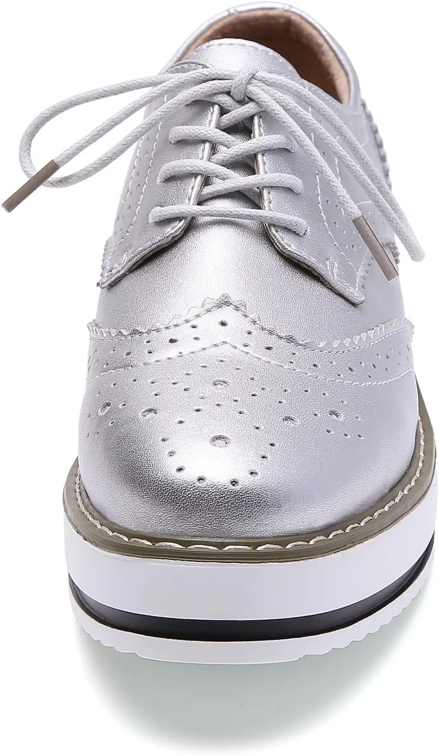 DADAWEN Women's Platform Lace-Up Wingtips Square Toe Oxfords Shoe