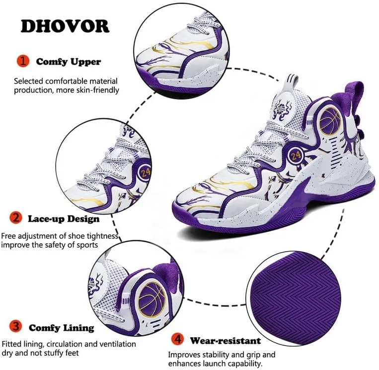 DHOVOR Big Boys Basketball Shoes Kids Athletic Running Shoes Fashion Sneakers Non-Slip Tennis Shoes Boys (Little Kid/Big Kid)
