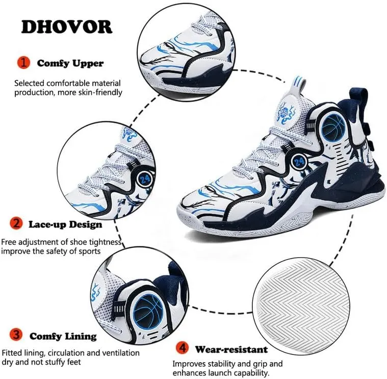 DHOVOR Big Boys Basketball Shoes Kids Athletic Running Shoes Fashion Sneakers Non-Slip Tennis Shoes Boys (Little Kid/Big Kid)