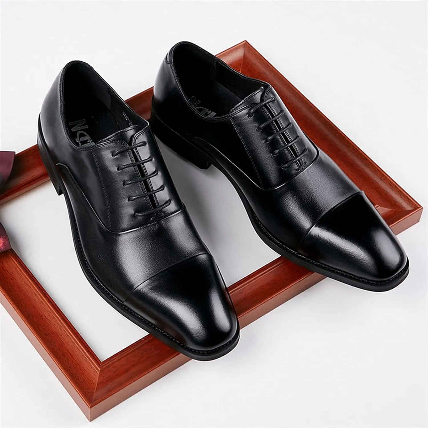 Dress Oxford for Men Lace Up Cap Toe Breathable Round Toe Genuine Leather Slip Resistant Rubber Sole Block Heel Low Top Non Slip Prom Suitable for Many Occasions.