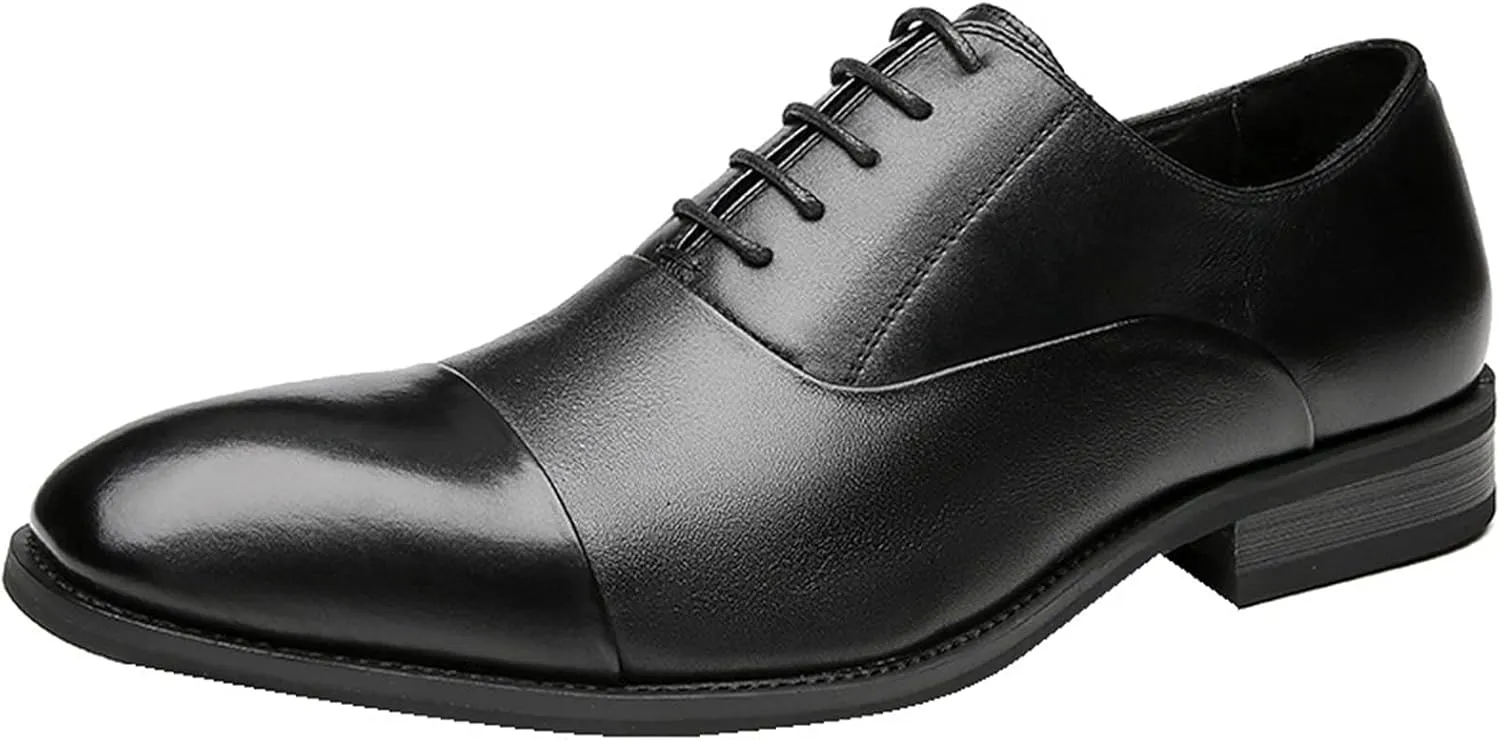 Dress Oxford for Men Lace Up Cap Toe Breathable Round Toe Genuine Leather Slip Resistant Rubber Sole Block Heel Low Top Non Slip Prom Suitable for Many Occasions.