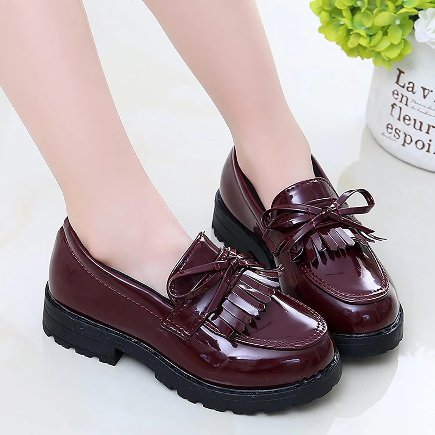 EnJoCho Casual Shoes for Kids Girls Slip On Leather Loafer Tassel Bow Flats School Dress Shoes For Girls Shoes