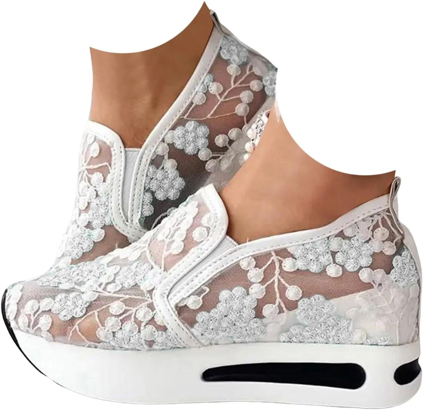 Fashion Sneakers for Women Floral Embroidery Breathable Sheer Mesh Sneakers Slip On Sneakers Platform Wedge Shoes