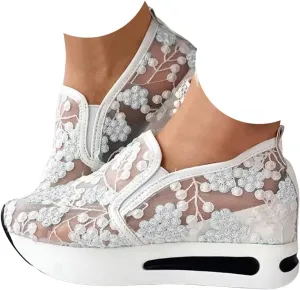 Fashion Sneakers for Women Floral Embroidery Breathable Sheer Mesh Sneakers Slip On Sneakers Platform Wedge Shoes