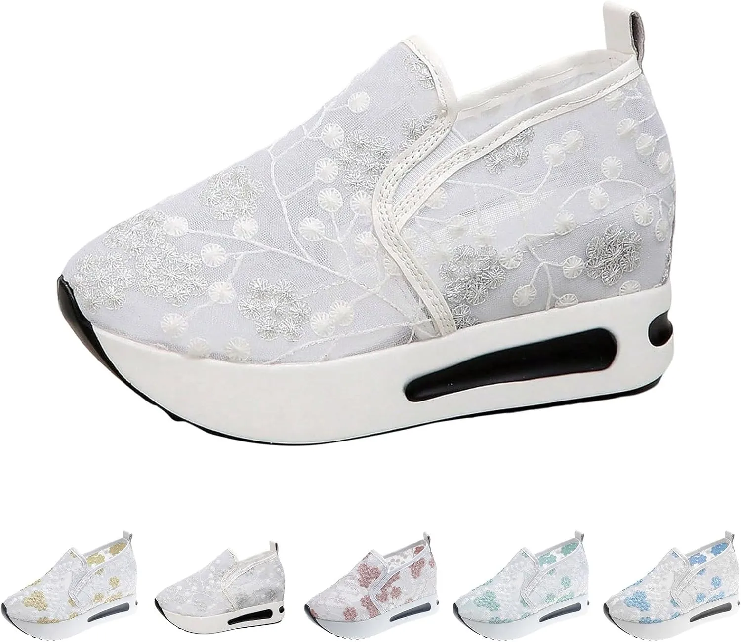Fashion Sneakers for Women Floral Embroidery Breathable Sheer Mesh Sneakers Slip On Sneakers Platform Wedge Shoes