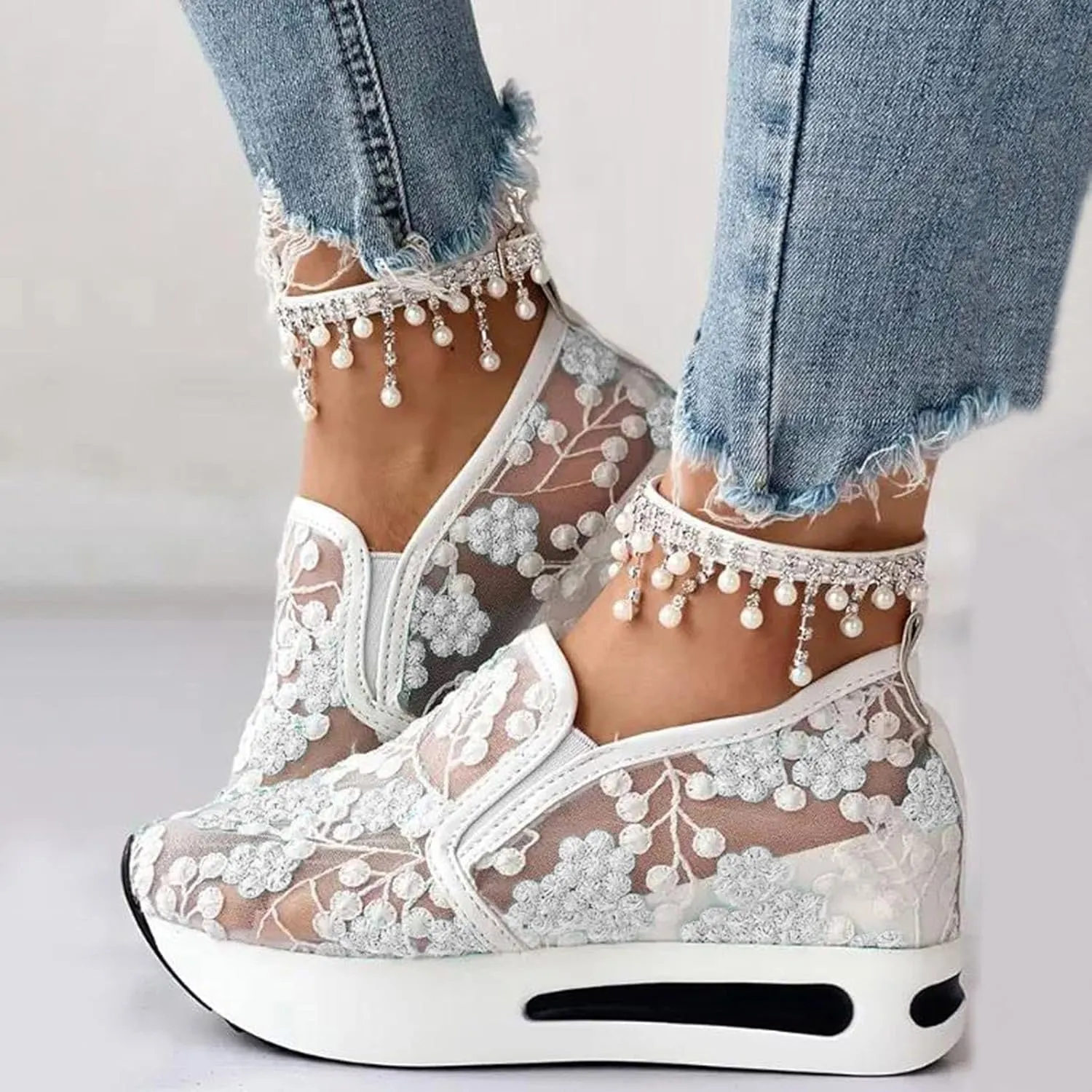 Fashion Sneakers for Women Floral Embroidery Breathable Sheer Mesh Sneakers Slip On Sneakers Platform Wedge Shoes