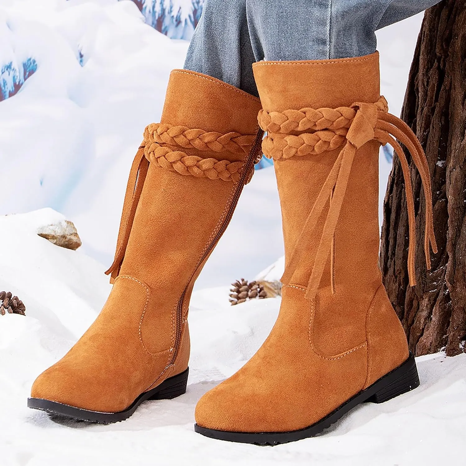 Girls Cowgirl Boots Mid Calf Square Toe Western Boot for Kids Zipper Vintage Cowboy Boots Toddler Girls Winter Shoes