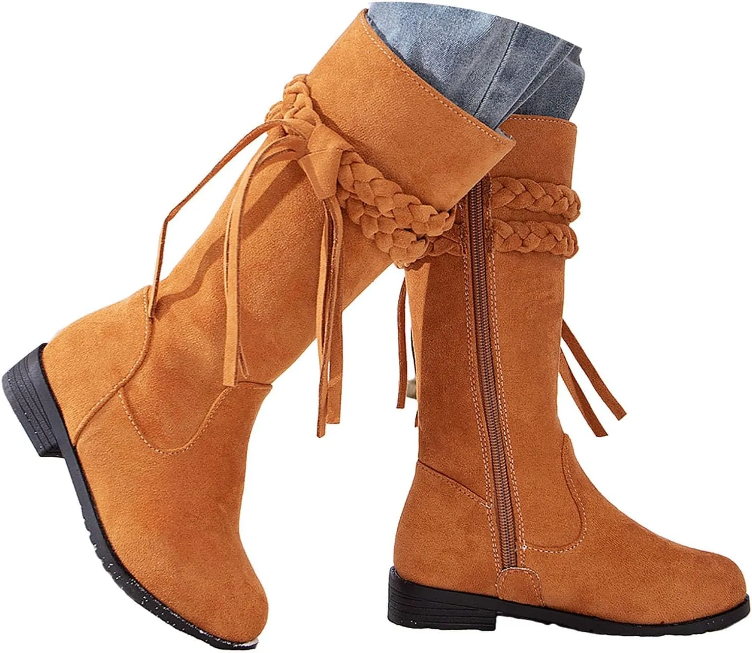 Girls Cowgirl Boots Mid Calf Square Toe Western Boot for Kids Zipper Vintage Cowboy Boots Toddler Girls Winter Shoes