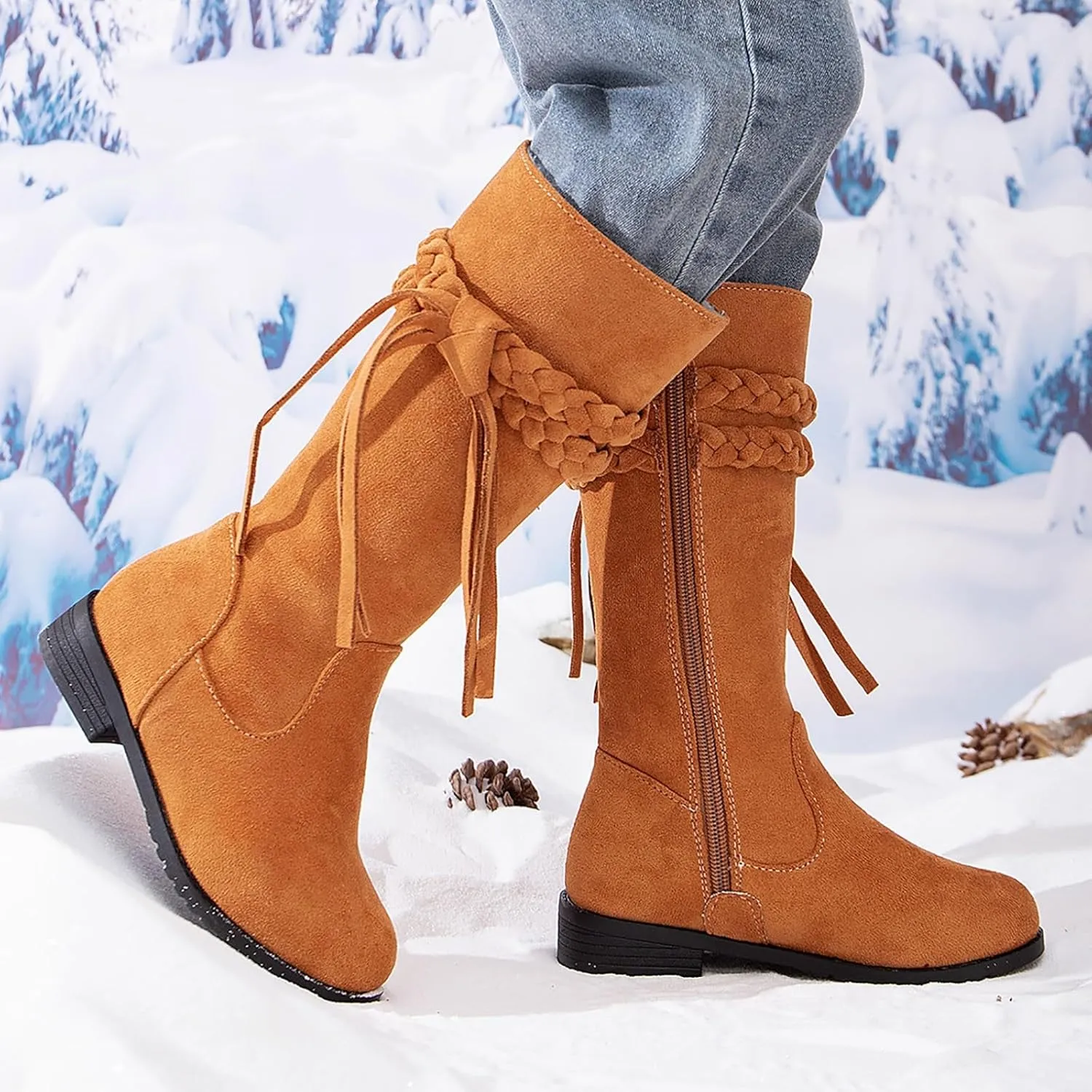 Girls Cowgirl Boots Mid Calf Square Toe Western Boot for Kids Zipper Vintage Cowboy Boots Toddler Girls Winter Shoes