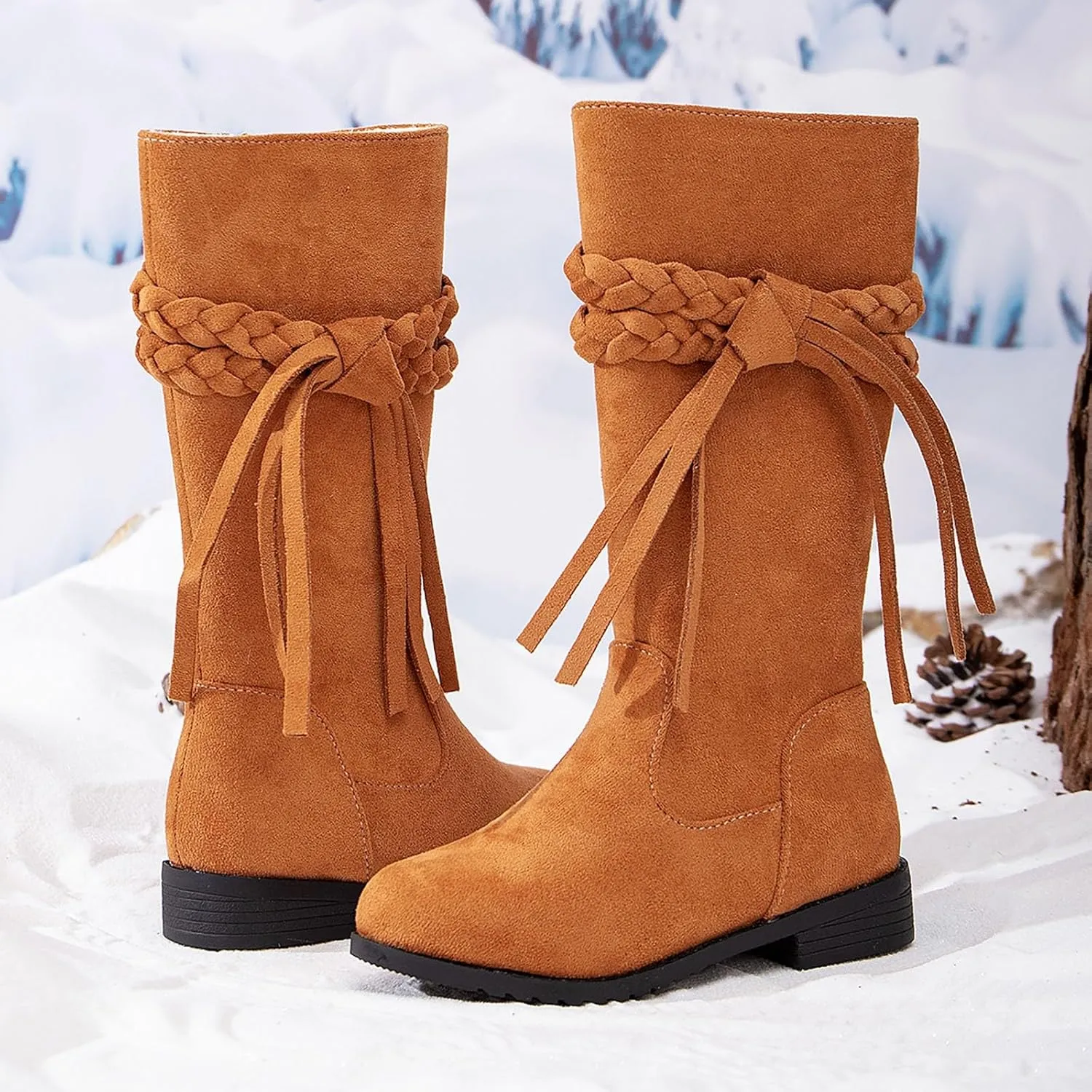 Girls Cowgirl Boots Mid Calf Square Toe Western Boot for Kids Zipper Vintage Cowboy Boots Toddler Girls Winter Shoes