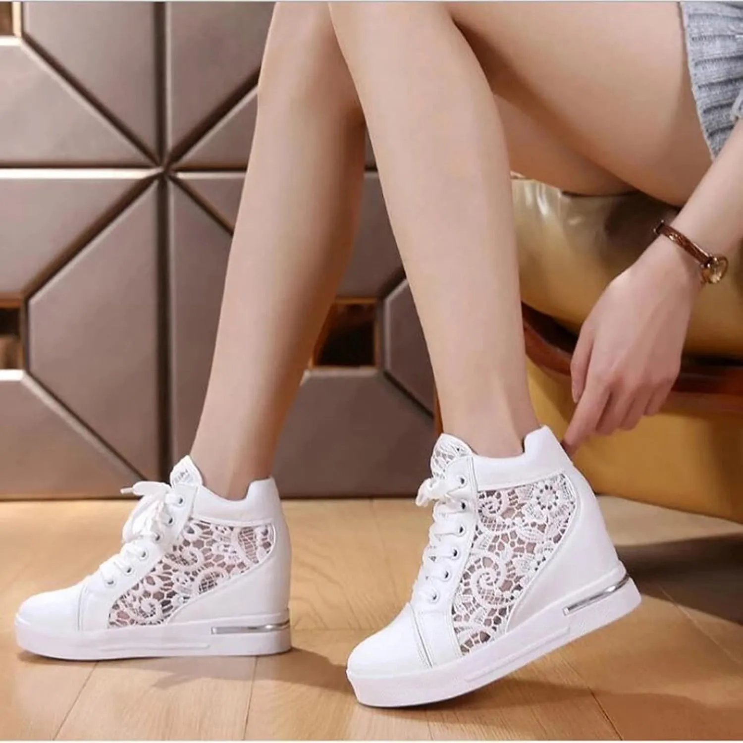 High Heeld Wedge Sneakers for Women, Ladies Hidden Heel Sneakers Dressy Lace Up Shoes High Top Sneakers Fashion Canvas Shoes Breathable Mesh Casual Platform Sneakers (A-White, 7.5)