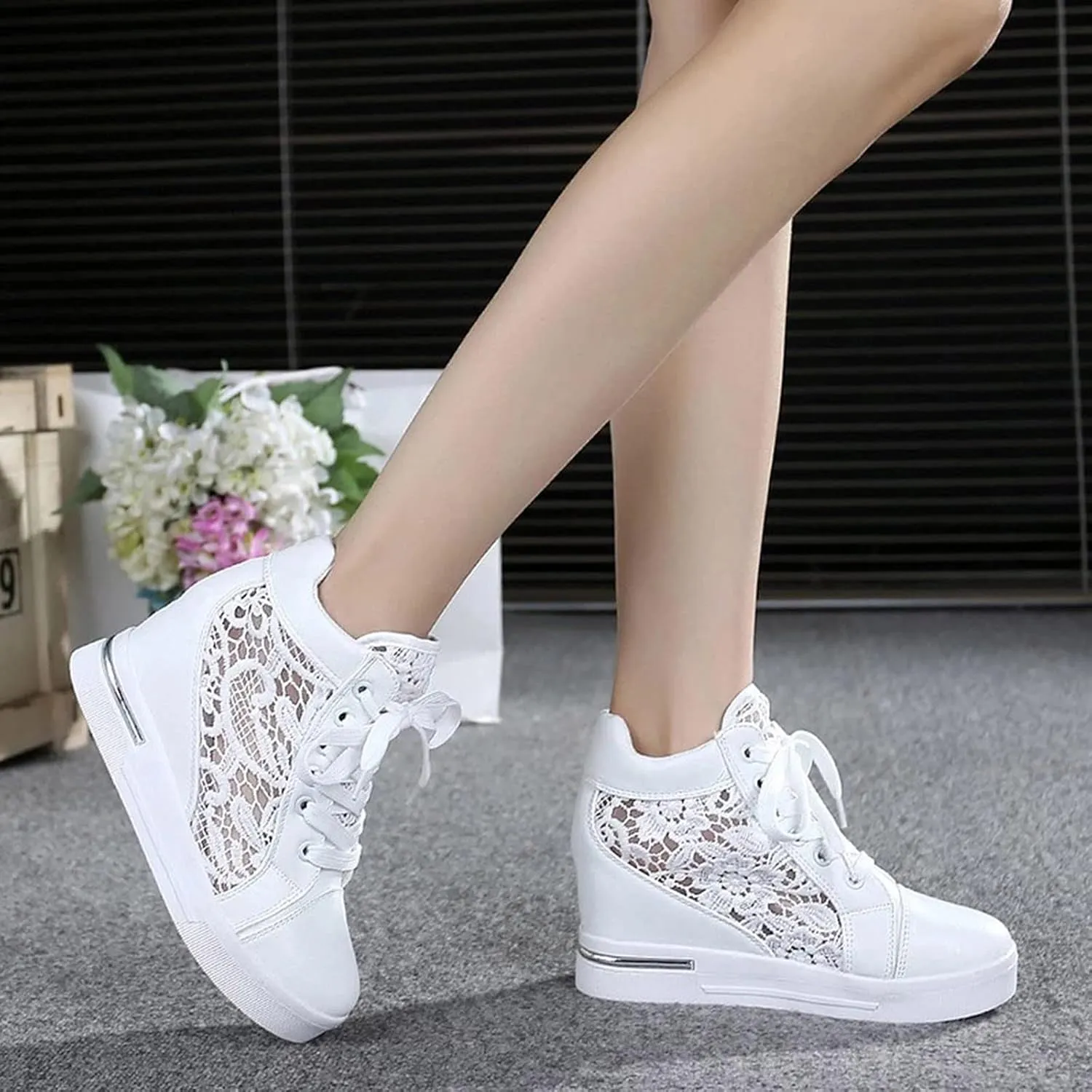High Heeld Wedge Sneakers for Women, Ladies Hidden Heel Sneakers Dressy Lace Up Shoes High Top Sneakers Fashion Canvas Shoes Breathable Mesh Casual Platform Sneakers (A-White, 7.5)