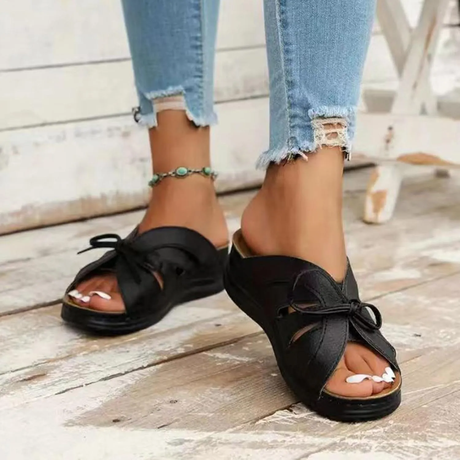 Ladies Fashion Retro Solid Color Leather Bow Tie Decorative Open Toe Thick Sole Sandals Women Nice Sandals